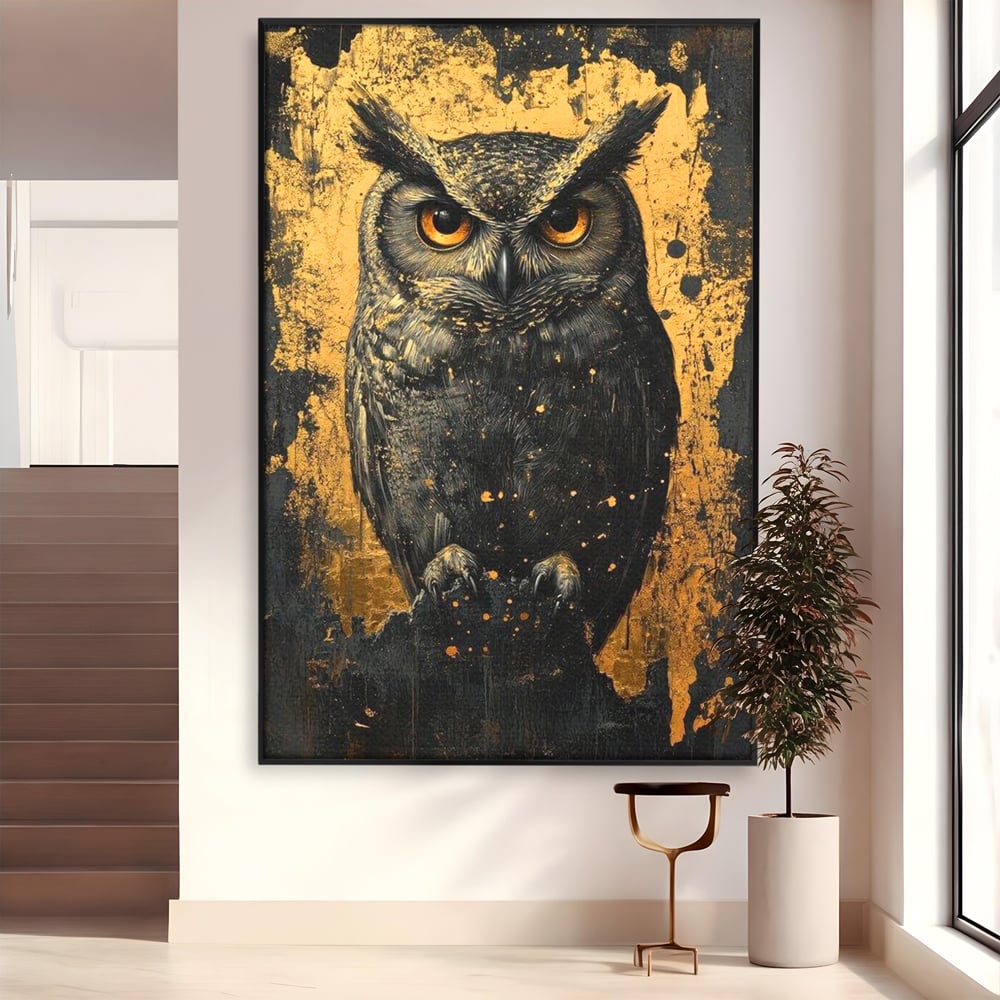 Tablou canvas cu tablou canvas cu bufnita neagra si fundal auriu, in rama de aluminiu negru